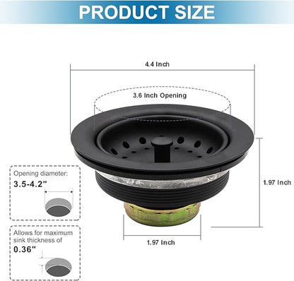 ZM Kitchen Black Sink Stainless Steel Basket Strainer with Drain Assembly, 3-1/2 Inch Sink Drain Stopper Plug