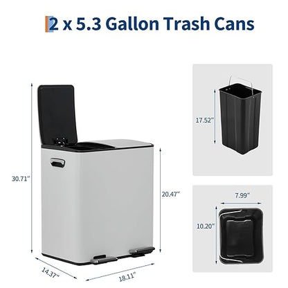 Dual Compartment Trash Can, 2 x 5.3 gal, 20L x 2 Stainless Steel Recycling Bin, Modern Kitchen Trash Bin with Foldable Anti-Slip Foot Pedal, Soft-Close Lid, Removable Inner Buckets, Kitchen Garbage