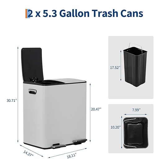 Garvee Dual Compartment Trash Can, 2 x 5.3 Gal (2 x 20L) Stainless Steel Recycling Bin with Anti-Slip Foldable Foot Pedal & Soft-Close Lid, Kitchen Garbage & Recycle Bin Combo - White
