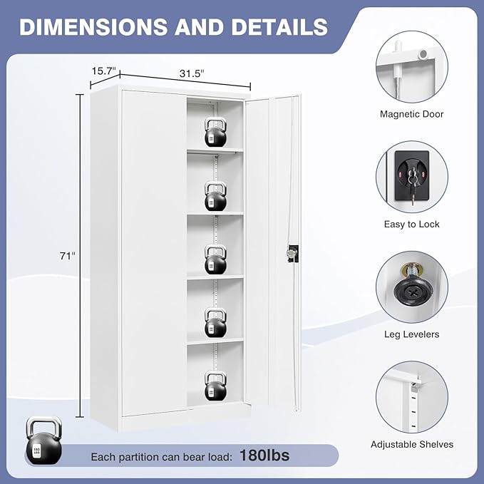 Metal Cabinet,71" Lockable Storage Cabinet with 2 Doors and 5 Adjustable Shelves,Tall Steel Cabinets for Garage,Home Office,Basement,School,Hospital(White)