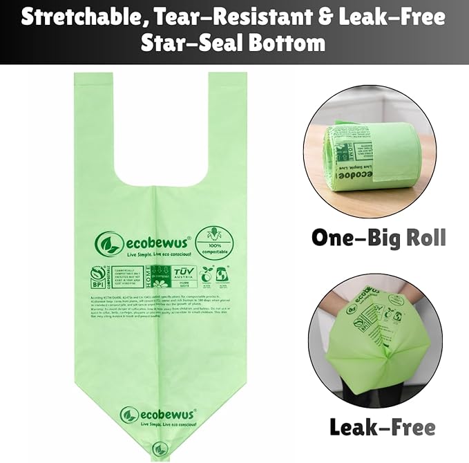 2.6 Gallon 100% Compostable Bags Handle Tie (110 Bags) 9.84L Small Compost Trash Bags Food Scrap Garbage Bags US BPI Certified TUV OK Compost Home Certified Meeting ASTM D6400 (110 ct.)