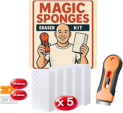 Magic Eraser Sponges Cleaning Kit, 5 Pack Sponge Foam Pads, Scraper Tool with Refills, Multi-Functional Household Cleaning Kitchen Dish Sponge for Furniture, Bathroom, Bathtub, Sink, Floor, Baseboard