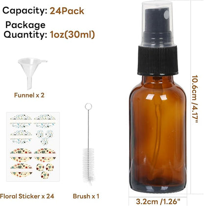 STARSIDE 24 Pack 1oz Amber Glass Spray Bottles with Fine Mist Sprayer,30 ml Glass Travel Bottles for Cosmetic Essential Oils Cleaning Solutions Perfumes & Liquids