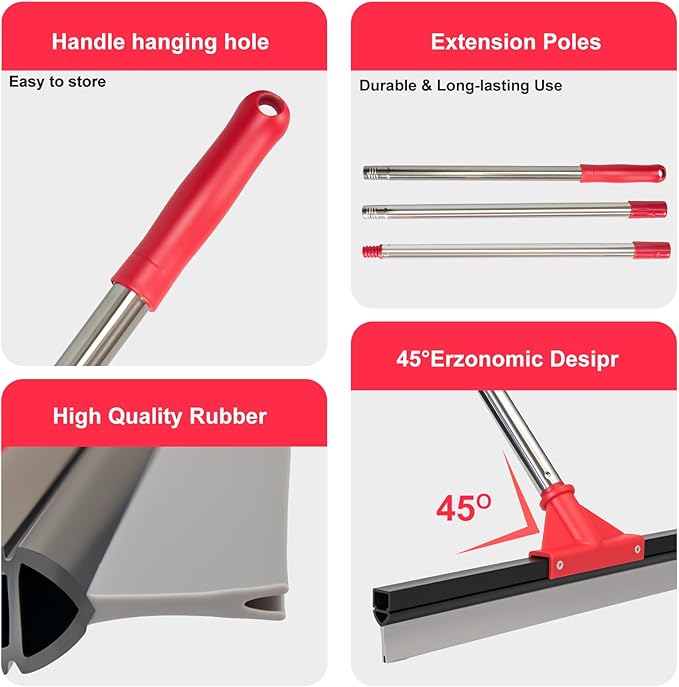 17" Heavy Duty Floor Squeegee with 40.8 Inch Long Handle, Suitable for Bathroom Tiles, Garage Concrete Floors, Shower Glass & Windows Cleaning