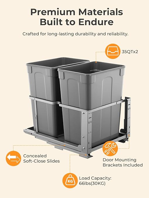 FOHERE Pull Out Trash Can Under Cabinet, 35 QT x2 Under Sink Trash Can Waste Container with Soft-Close Slides, Heavy Duty Garbage Recycling Bin for Kitchen Cabinet, Sink