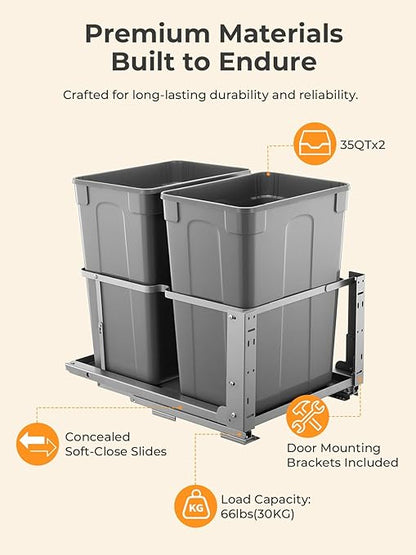 FOHERE Pull Out Trash Can Under Cabinet, 35 QT x2 Under Sink Trash Can Waste Container with Soft-Close Slides, Heavy Duty Garbage Recycling Bin for Kitchen Cabinet, Sink