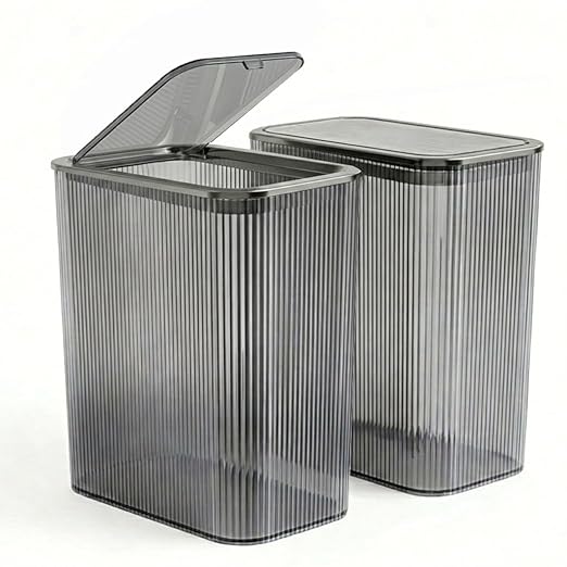 2 Pack Bathroom Trash Can with Lid, 2.6 Gallon Transparent Small Trash Can for Bedroom, Office, Slim Garbage Can with Lid for Narrow Spaces, Modern Decorative Waste Basket, Grey