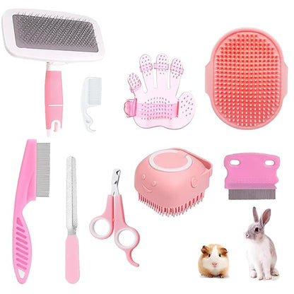 9PCS Small Animal Grooming Kit, Cleaning Brush Removes Loose Hair, Pet Bath Brush,Shampoo Brush, Nail Clipper, Flea Comb For Rabbit, Puppy, Kitten, Guinea Pig (9PCS-Pink)