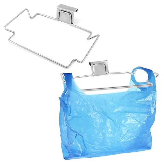 QWORK Stainless Steel Trash Bag Holder for Kitchen Cabinets, Cupboards & Doors, 2 Pack Under Sink Bag Holder, Garbage Bag Holder