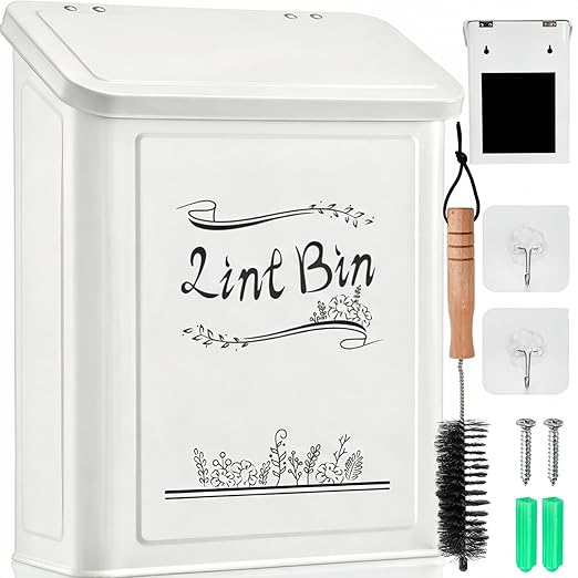 Tlence Magnetic Lint Bin for Laundry Room, Wall Mounted Dryer Lint Trash Can with Brush and Lid for Dryer, Space Saving Metal Lint Basket for Laundry Room Decor