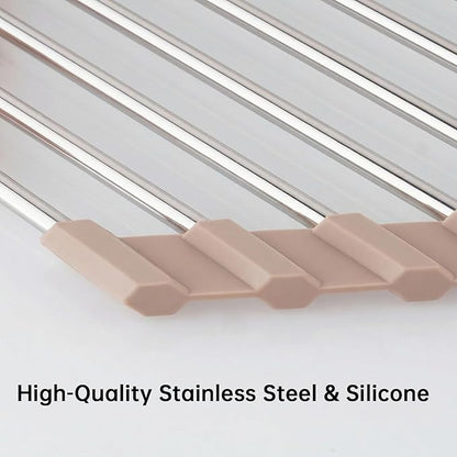 Tomorotec Foldable Stainless Steel Triangle Roll-Up Dish Drying Rack - Over-The-Sink Multipurpose Kitchen Drainer, Rustproof Organizer, Trivet and Shelf - Space-Saving(Light Beige Color)