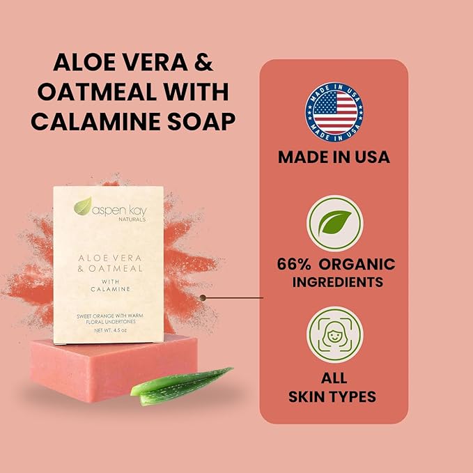 Aloe Vera & Oatmeal Soap Bar with Calamine, Natural & Organic Ingredients - Organic Aloe Vera & Colloidal Oats. Face & Body - for Men, Women & Teens. Gentle Body Wash. 4.5 oz Bar (Pack of 3)