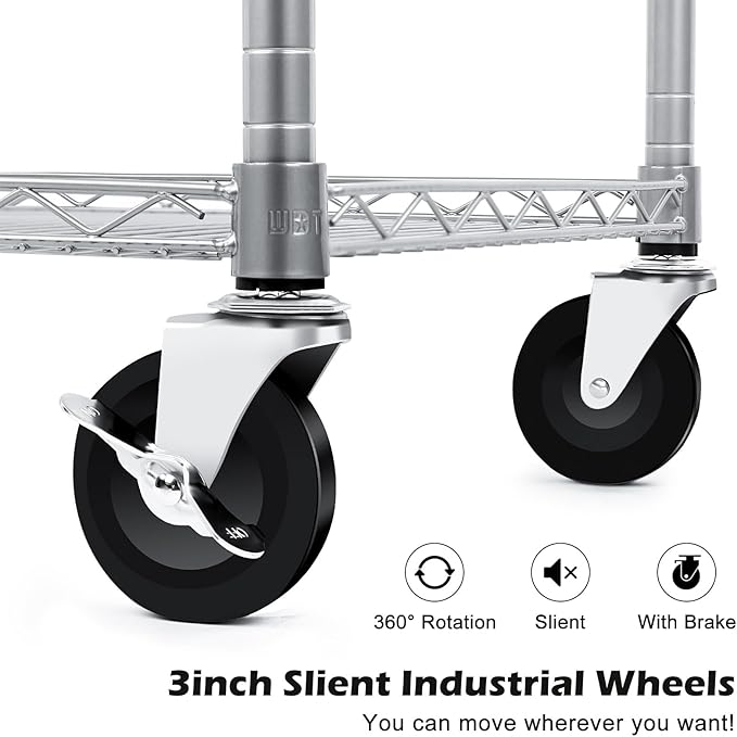 WDT Heavy Duty 3 Tier Utility Cart,Wire Rolling Carts with Wheels, Commercial Grade Service Cart with Shelving Liners and Handle Bar Metal Carts for Kitchen Office Hardware
