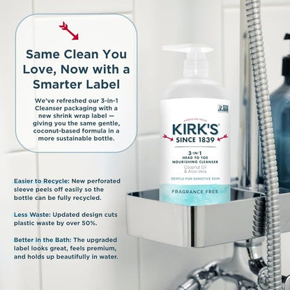 Kirk's Fragrance Free 3-in-1 Nourishing Cleanser, Shampoo Body Wash Bubble Bath, Coconut Oil and Aloe Vera, Vegan Non-GMO, 32 Fl Oz