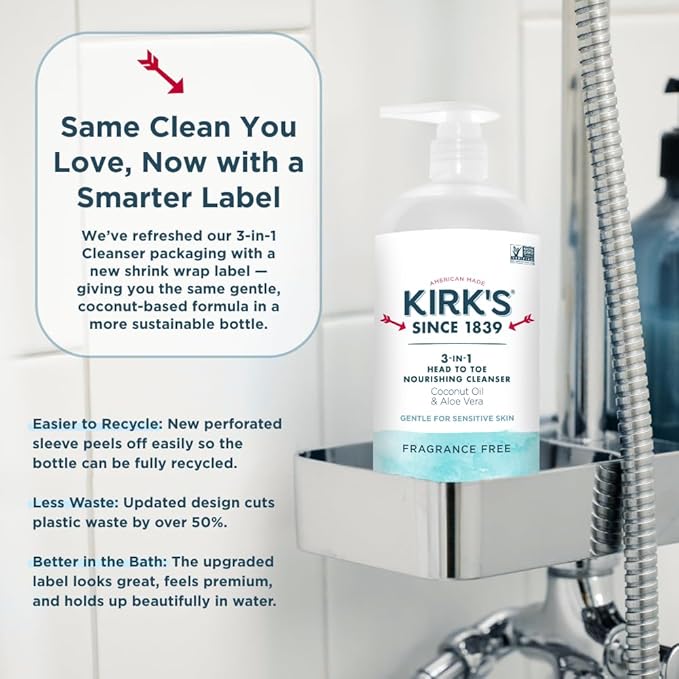 Kirk's Fragrance Free 3-in-1 Nourishing Cleanser, Shampoo Body Wash Bubble Bath, Coconut Oil and Aloe Vera, Vegan Non-GMO, 32 Fl Oz, Pack of 2