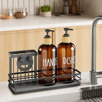 Moforoco Kitchen Dish Soap Dispenser Set, 16OZ Glass Bottle, Hand and Dish Soap Dispenser Set, Instant Dry Tray, Brush Holder with Smiley Face Sponge Holder (Black Tray+Amber Bottle)