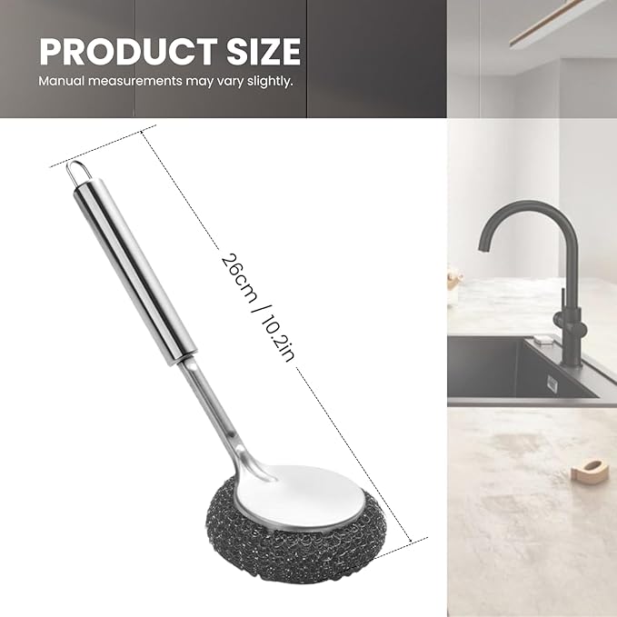 Long Handle Steel Wool Scrubber, Stainless Steel Pot & Pan Scrubber with Replaceable Scouring Ball, Heavy Duty Cast Iron Cleaner for Skillets, Griddles & Cookware (Silver / 1 Pack)
