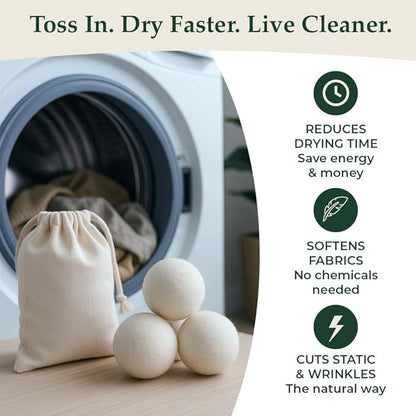 Premium XL Wool Dryer Balls - 6 - Pack 100% New Zealand Wool, Reusable Fabric Softener for 1000+ Loads | Eco-Friendly and Chemical-Free | Reduces Wrinkles and Drying Time - White