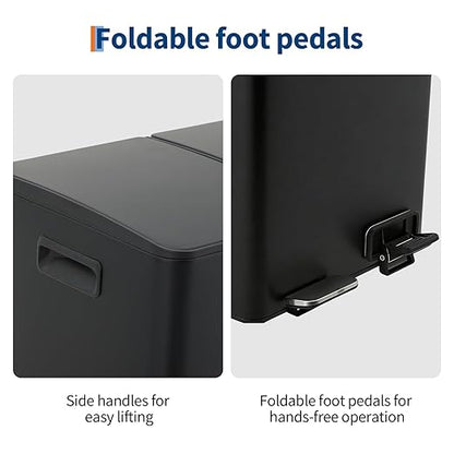 2 x 5.3 Gal (2 x 20L) Dual Compartment Stainless Steel Kitchen Trash Can, Garbagin Bin with Recycling, Soft-Close Lid, Foldable Step-on Pedal, Removable Plastic Inner Buckets, Black