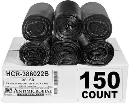Aluf Plastics High Density Trash Bags, 60 Gallon, 150 Count, 22 Micron (eq), 38" x 60", Black, for Bathroom, Office, Industrial, Commercial, Janitorial, Municipal, Recycling