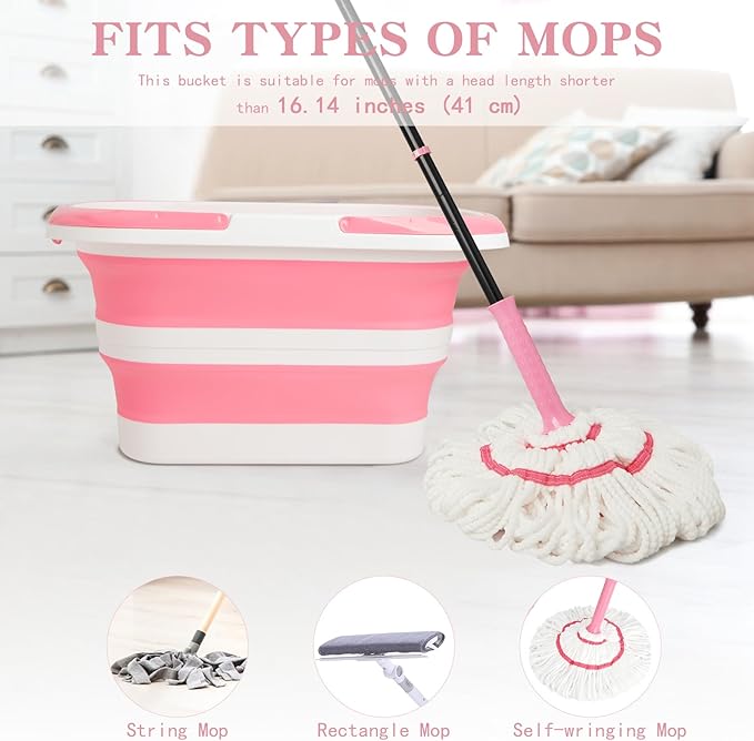 Large Collapsible Bucket for Cleaning, 4.2 Gallon (16L) Silicone Bucket with Handle & Hanging Hole, Foldable Space-Saving Mop Bucket for Home, Storage. Car Wash, Camping, Beach (Pink White)