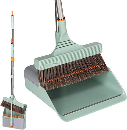 Broom and Dustpan Set with Adjustable Handle, Upright Design, Built-in Comb Teeth, Mint Green, for Home Office Hardwood Floors Pet Hair (Green/Gray)