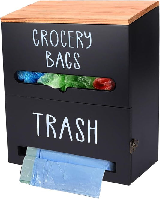 2 in 1 Trash Bag Holder with Grocery Bag Holder, Wooden Trash Bag Dispenser Wall Mounted, Trash Bag Organizer for Countertop/Under Sink, Garbage Bag Holder Dispenser for Plastic Bags, Black