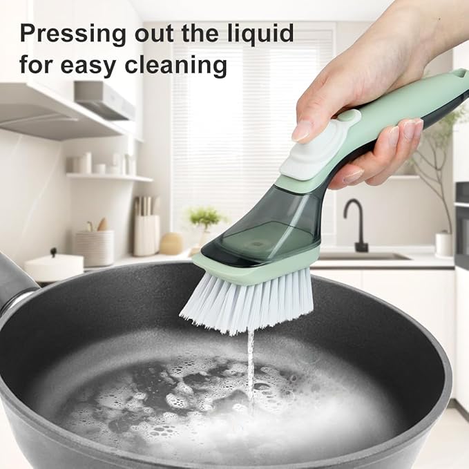 CQT Soap Dispensing Dish Brush Storage Set, Dish Scrubber with Handle, Kitchen Washing Brush for Pot Pan Sink Cleaning, Kitchen Brush with Holder and 1 Replaced Scouring Pad Head