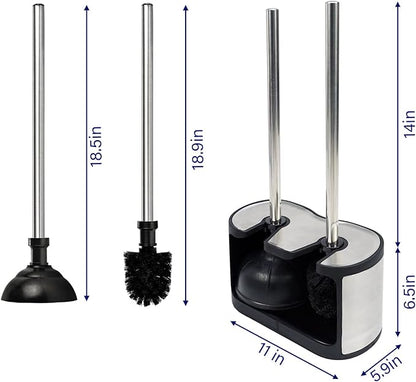Casaphoria Stainless Steel Toilet Bowl Brush with Holder and Plunger Set, Freestanding Canister for Bathroom, 2 in 1 Hideaway Holder Heavy Duty Unclogger Plunger