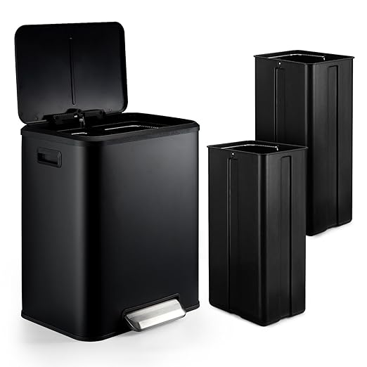 GAOMON Dual Bin Rectangular Trash Can, Stainless Steel Waste Bin with Lid, 30 Liters (2 X 15 L), Trash Can with Recycling Bin Combination, Soft Close and Airtight Lid - Black