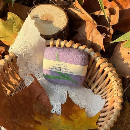 Handmade Felted Soap with Tibetan Yak Milk & Wool Natural Exfoliating Bar for Face & Body, 6 Scents, Includes Bamboo Dish & Travel Pouch (Lavender)
