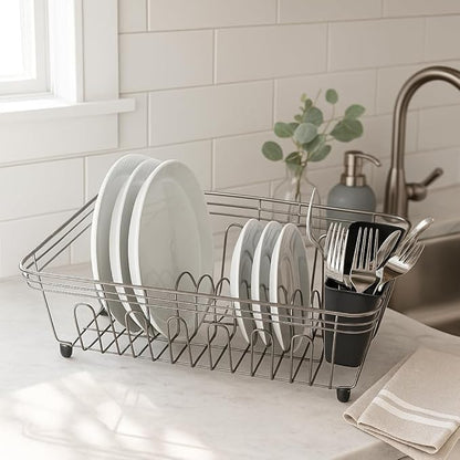 Oggi Compact Dish Drying Rack - Black Steel Drainer, Racks for Kitchen Counter, Durable Coated Steel Kitchen Dryer with Cutlery Holder