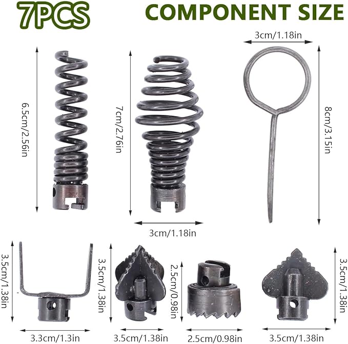 Drain Cleaner Combination Cutterhead Set, 7-Piece Drain Cleaner Spring Loaded Auto Locking Drain Dredge Cutterhead Set for Dredging Pipes Dredger (Gray)
