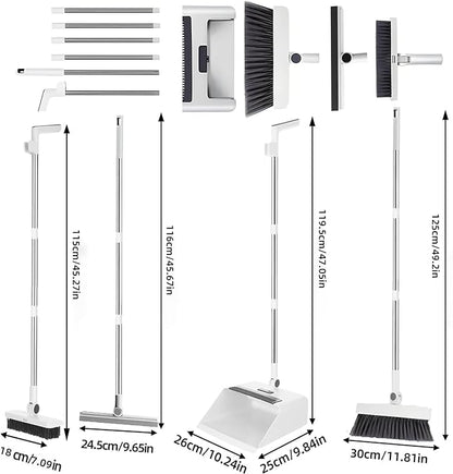 SDSM Broom with Dustpan Combo Set, 4 in 1 Multifunctional Broom and Dustpan with 52" Long Handle, Concealed Squeegee and Cleaning Brush, for Clean Home Kitchen Bathroom Office, Indoor Outdoor Floor