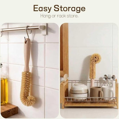 Wooden Bottle Brush - L-Shape Long Handle Cup Scrubber for Water Bottles, Decanters & Glassware - Beech Wood Kitchen Cleaning Tool (Multipack) (4)