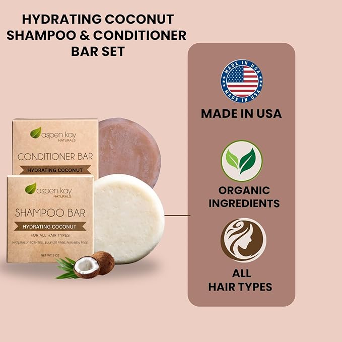 Hydrating Coconut Shampoo and Conditioner bar set, Organic Ingredients, All Hair Types, Sulfate-Free, Cruelty-Free & Vegan. One 3 ounce and one 2.3 ounce bars (Coconut)