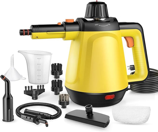 1200W Handheld Steam Cleaner for Home, Powerful Natural Multi‑Surface Steam Cleaner with 10 Accessories, 13.5oz Pressurized Steamer for Deep Cleaning Tile, Grout, Shower, Bathroom,Kitchen,Car, Yellow