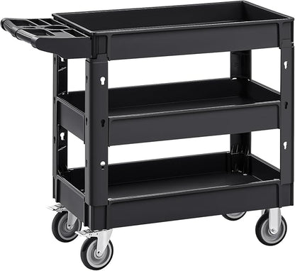VEVOR Utility Cart, 3-Tier Plastic Service Cart with 550LBS Capacity, 360° Swivel Casters (Including 2 Locking Wheels), Medium Lipped Shelves, Ergonomic Handle, for Garage, Warehouse, Cleaning Tasks