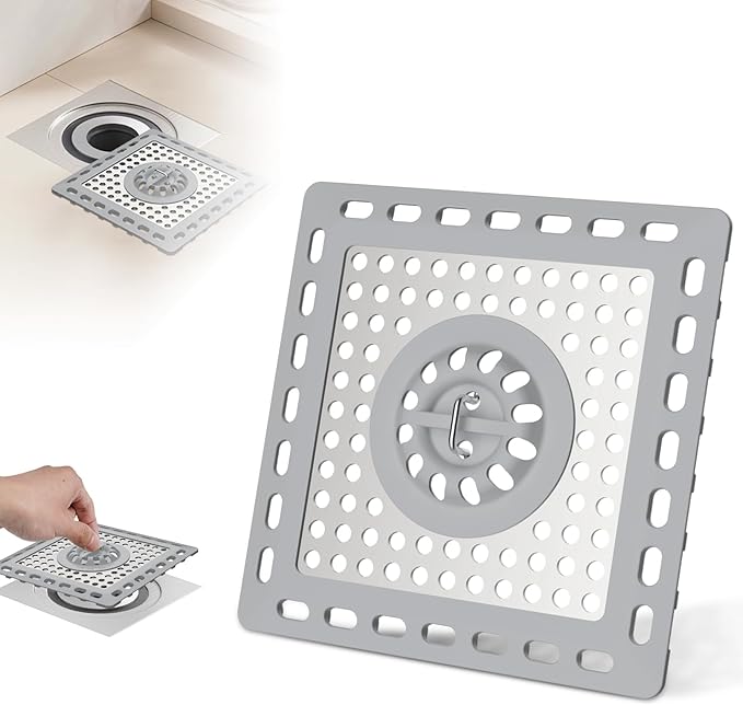 Hibbent Upgraded Shower Drain Hair Catcher for Bathroom Floor 4" Drain, Anti-Clogging Shower Drain Cover, Stainless Steel & Silicone Drain Strainer with Handle, Shower Drain Protector, Grey
