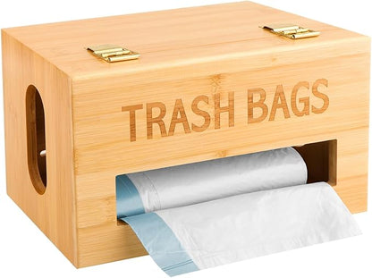 Trash Bag Holder Dispenser - Bamboo Garbage Bag Organizer Wall Mount for Kitchen Cabinet, Extra Large Hanging Trash Bag Roll Storage Container with Lid under Sink