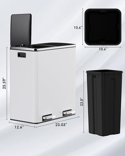 Arlopu Dual Trash Can, 2 x 8 Gallon (2 x 30 L) Hands-Free Trash and Recycle Bin Combo, Stainless Steel Kitchen Garbage Can with Soft-Close Lid, Removable Inner Buckets, Step Pedal, Airtight (White)