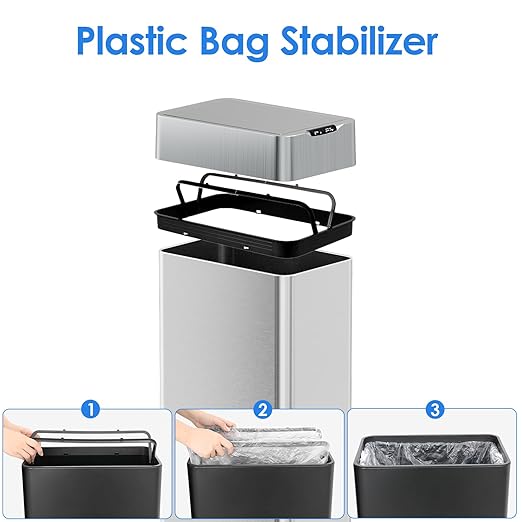 TLSUNNY 13.2 Gallon Automatic Trash Can, Stainless Steel Motion Sensor Garbage bin, Smart Trash Can W/Butterfly Lid, Bag Retainer Ring and Display Light for Living Room,Kitchen,Office (Silver, 50L)