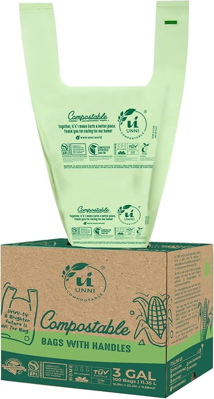 UNNI 3 Gallon Compostable Trash Bags with Tie Handles, 200 Count Small Food Scrap Kitchen Compost Bags for Countertop Bin, Certified by BPI, CMA & OK compost HOME, Meets ASTM D6400
