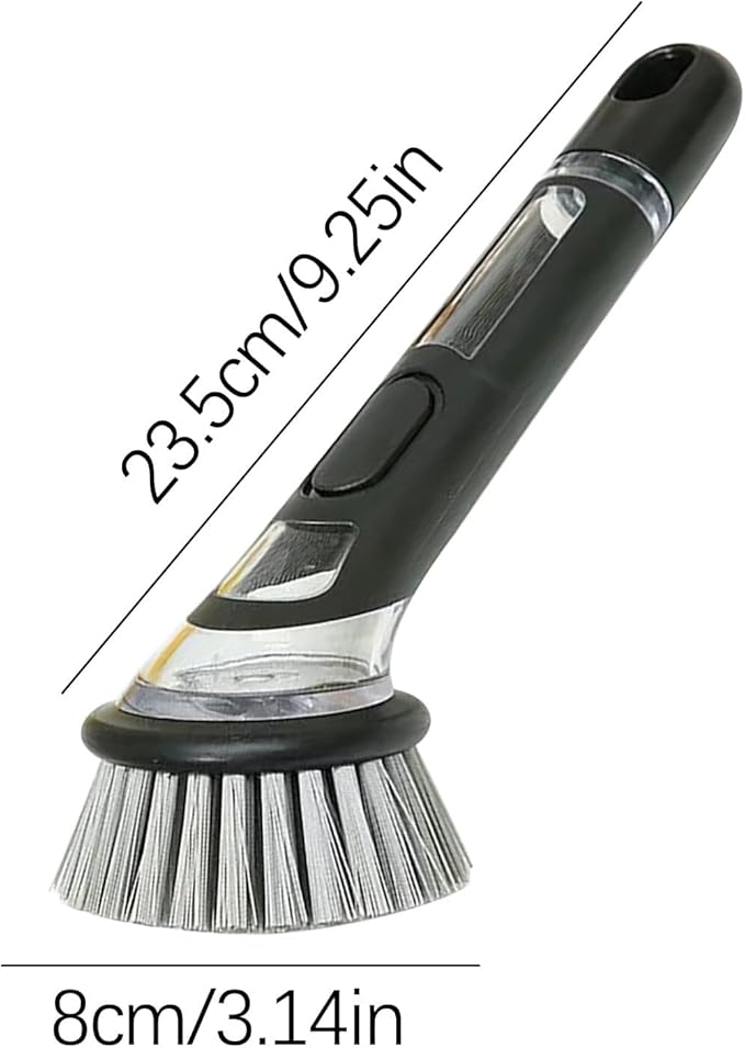 Soap Dispensing Dish Brush with Long Handle, Kitchen Scrub Brush for Pots, Pans, Sink and Dishes, Round, 9.25in, Plastic and Nylon Bristles (Gray)