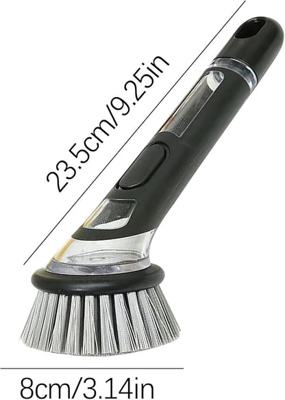Soap Dispensing Dish Brush with Long Handle, Kitchen Scrub Brush for Pots, Pans, Sink and Dishes, Round, 9.25in, Plastic and Nylon Bristles (Gray)