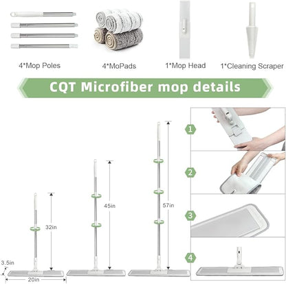CQT Commercial Flat Microfiber Floor Mop Cleaning System 20" Wet Dry and Dust Hardwood with 4 Washable Pads Cleaner for Laminate Tile Stainless Steel Handle and Extension (PT15 New)