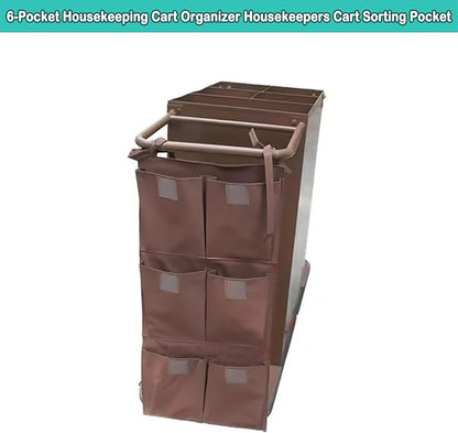 Replacement Janitorial Cart Bag, High Capacity Waterproof Thickened Housekeeping Commercial Janitorial Cleaning Cart Bag with 6 Brass Grommets - 25 Gallon (Vertical 6-Pocket - Brown)