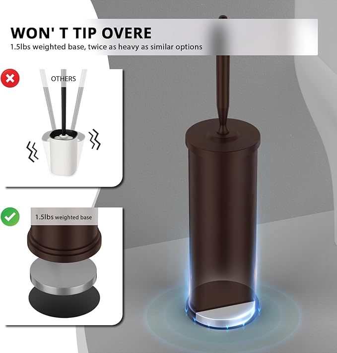 Premium 304 Stainless Steel Toilet Brush and Holder: Weighted Stable Base, Removable Inner Tube, Splash-Proof Design for 360° Thorough Cleaning & Space-Saving Storage,Bronze