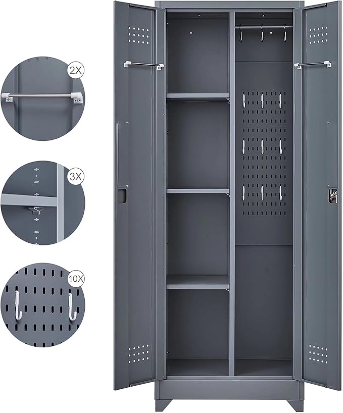 65" H Metal Broom Closet Storage Cabinet, Freestanding Garage Storage Cabinet with Hanging Rod and Locking Doors, Bathroom Storage Cabinet, Cleaning Tool Cabinet for Garage Patio Garden, Grey