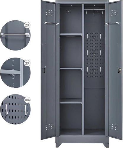 65" H Metal Broom Closet Storage Cabinet, Freestanding Garage Storage Cabinet with Hanging Rod and Locking Doors, Bathroom Storage Cabinet, Cleaning Tool Cabinet for Garage Patio Garden, Grey